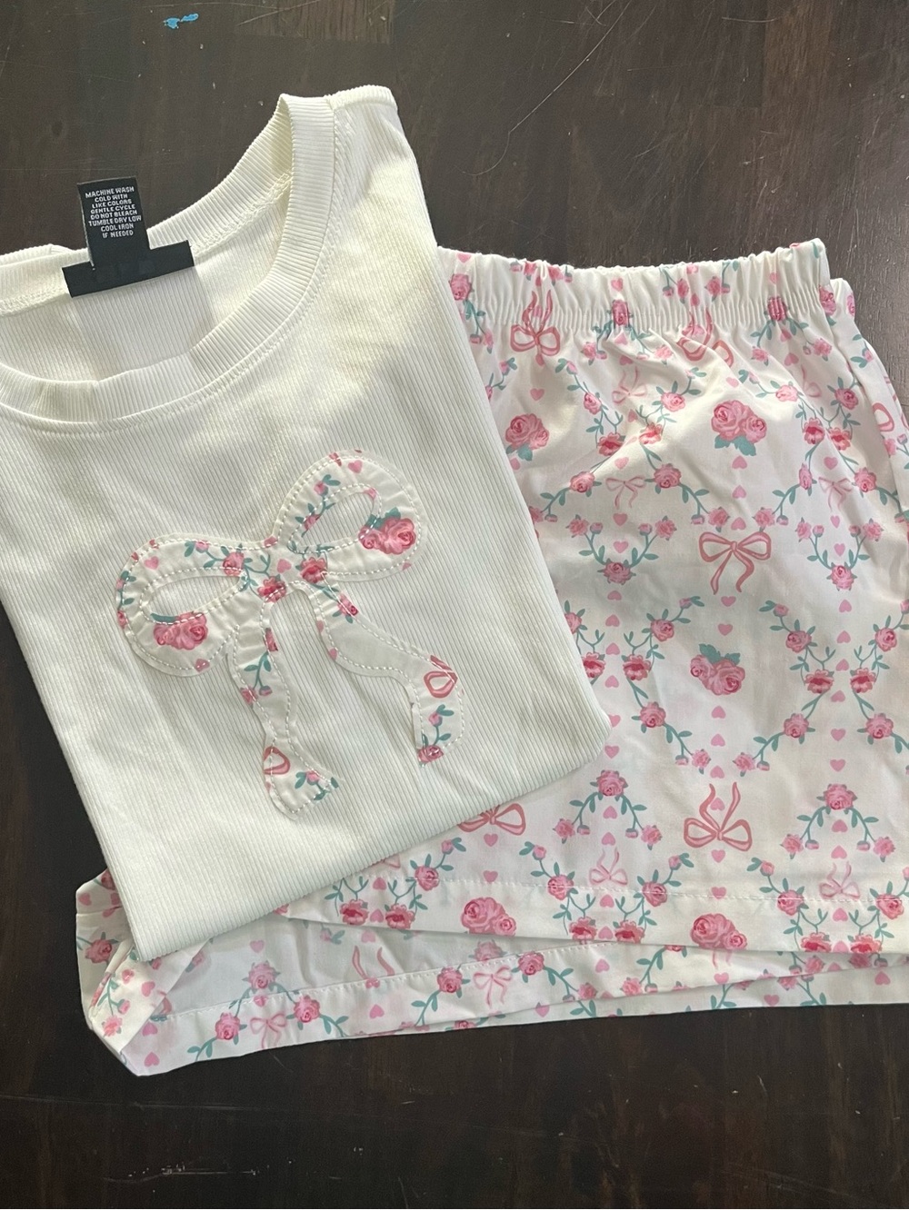 Just Polly Pink Rose/Bows/Hearts Pajama Set, Sz L (Juniors)